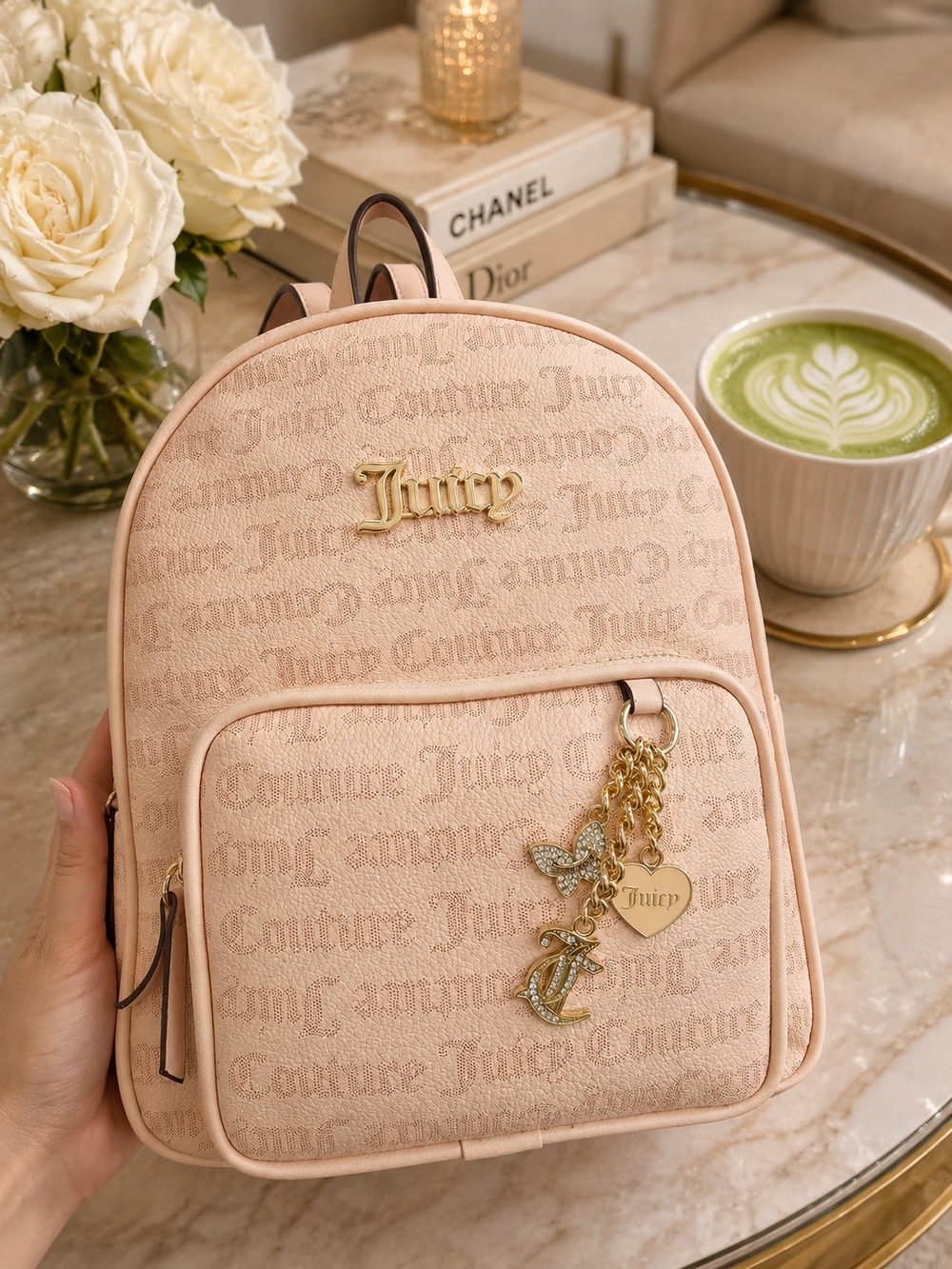 Juicy Couture Blush Monogram Mini Backpack with Gold Charm - Y2K Aesthetic - Picture 1 of 4